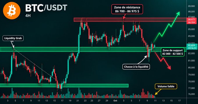 A 4H BTC/USDT candlestick chart in French showing a resistance zone at 86,700-86,975 and support zone at 82,000-82,500, with annotations for 'Liquidity Grab', 'Chasse à la liquidité', and 'Volume faible'.