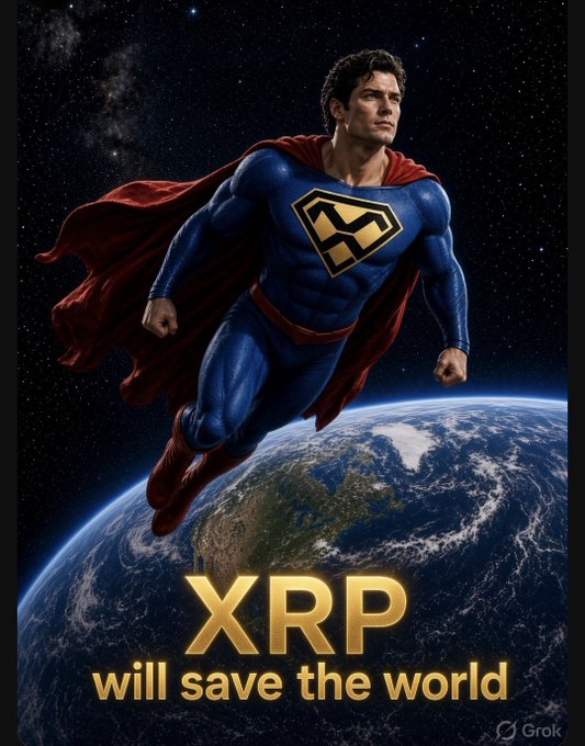 A Superman-like figure flies above Earth against a starry backdrop, with text reading 'XRP will save the world' and a 'Grok' watermark.