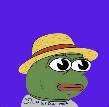 A cartoon illustration of a green frog wearing a straw hat against a purple background, with the text 'STOP BEING POOR' written on its shirt.