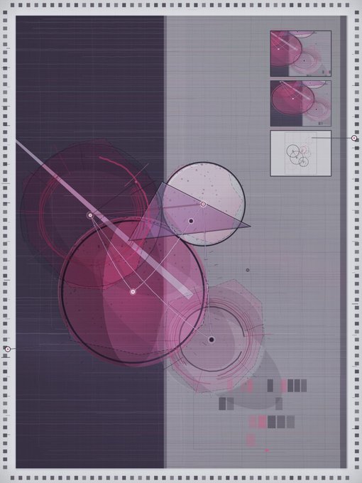 Abstract geometric digital artwork with overlapping translucent purple/magenta circles and a diagonal light beam on a grid background, featuring smaller detail panels in the top right corner and a film strip border.