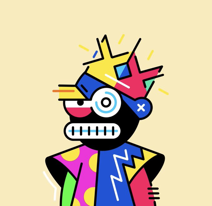A stylized, colorful graphic illustration of a character wearing a crown, goggles, and a patterned jacket against a pale yellow background.