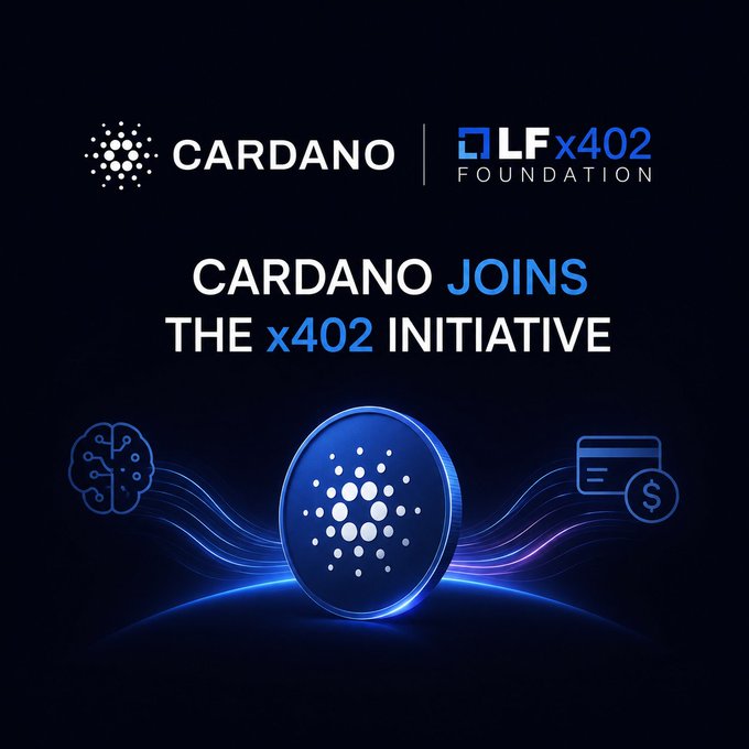 A promotional graphic featuring the Cardano logo alongside the "x402 Foundation" logo, with the text "CARDANO JOINS THE x402 INITIATIVE" displayed prominently above a stylized blue Cardano coin flanked by AI brain and payment card icons, visually announcing Cardano's participation in the x402 initiative alongside major tech and financial companies for AI-powered payment standards.