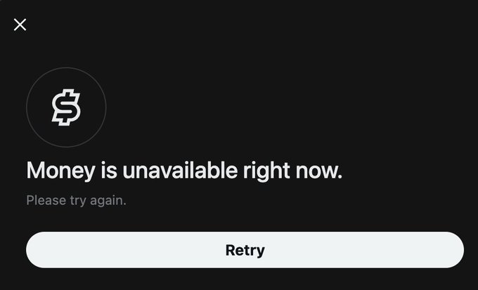 A mobile app error screen with a dollar sign icon displaying the message 'Money is unavailable right now. Please try again.' with a Retry button.