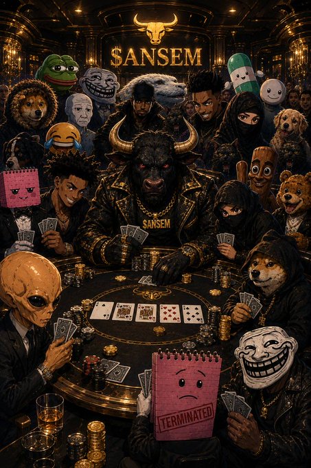 A surreal, meme-filled poker scene shows a menacing bull-headed figure wearing a jacket labeled "SANSEM" presiding over a chaotic table of internet meme characters—including Pepe, Trollface, Shiba Inu, an alien, and a pink notepad marked "TERMINATED"—all holding cards around scattered chips and drinks. The gold "$ANSEM" sign overhead and the central figure's branding tie directly to the post's reference to the $ANSEM table, framing the meme tokens as both players and spectacle.