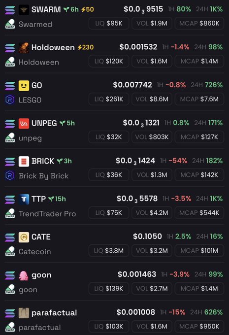 A cryptocurrency tracking dashboard displays various memecoins including SWARM, Holdowen, GO, UNPEG, BRICK, TTP, CATE, goon, and parafactual, showing metrics like price, 1H and 24H percentage changes, liquidity, volume, and market cap.