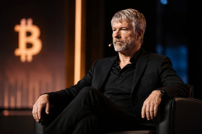 Michael Saylor, the prominent Bitcoin advocate and MicroStrategy executive, is shown seated on stage with a Bitcoin logo illuminated behind him, visually reinforcing the post's message about his long-standing views on corporate Bitcoin adoption as a key driver of mainstream financial integration.