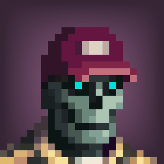 A pixel art portrait of a green-skinned zombie-like character with glowing teal eyes, wearing a red backwards cap and gold chains against a dark purple background.