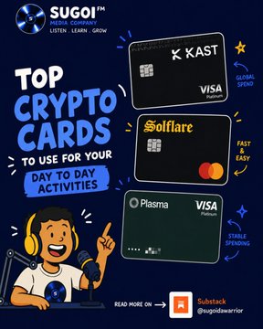 A promotional graphic for 'SUGOI' titled 'TOP CRYPTO CARDS TO USE FOR YOUR DAY TO DAY ACTIVITIES' featuring KAST, Solflare, and Plasma Visa cards.