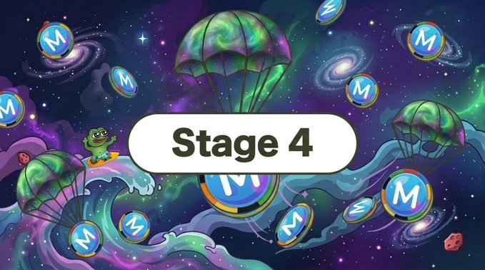 A vibrant space-themed illustration featuring parachuting coins with the "M" logo, swirling galaxies, and a cartoon frog surfing a wave, with a central banner reading "Stage 4" — visually marking the fourth distribution phase of the $MEMES token airdrop announced in the post.