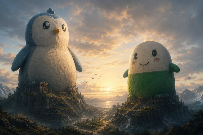A fantasy-style landscape at sunset showing two giant plush-like figures on mountain peaks: a penguin on the left and a green-and-white egg-shaped character on the right, with tiny classical architecture at their bases.