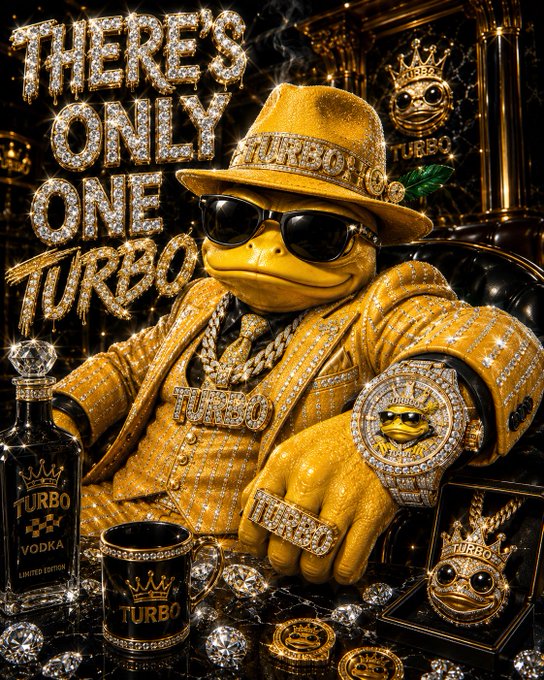 A flamboyant promotional image for 'TURBO' featuring a yellow frog character dressed in gold and diamond-encrusted clothing, with text 'THERE'S ONLY ONE TURBO' alongside TURBO vodka and merchandise.