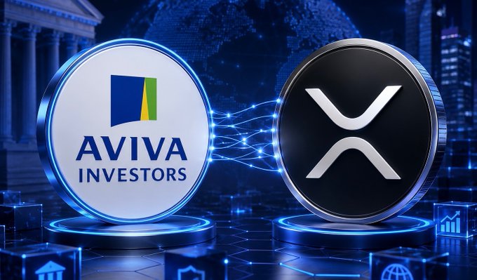 A 3D graphic showing two glowing coin-like emblems—one for 'AVIVA INVESTORS' and one for 'XRP'—connected by digital network lines against a financial city backdrop.
