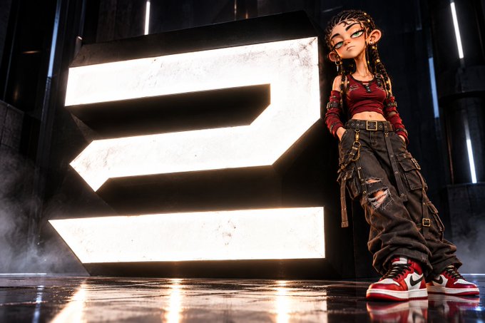An animated illustration of a young woman with braided hair, wearing a red striped crop top, black cargo pants, and red sneakers, standing next to a large glowing number '3' in a dark, futuristic setting.