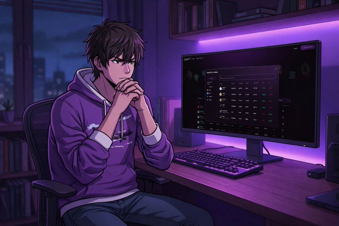 An anime-style illustration shows a young man with dark hair in a purple hoodie sitting thoughtfully at a desk in a purple-lit room, with a computer monitor displaying a crypto market interface.