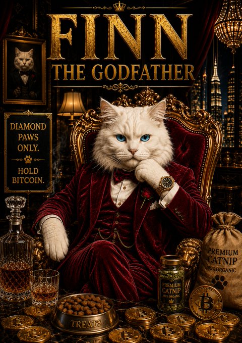 A movie poster-style image titled 'FINN THE GODFATHER' featuring a white cat in a red velvet suit sitting on a throne, surrounded by gold coins, treats, and signs reading 'DIAMOND PAWS ONLY', 'HOLD BITCOIN', and 'PREMIUM CATNIP'.