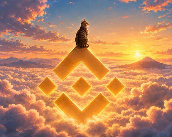 A cat sits atop the Binance logo, which is glowing amidst a sunset sky filled with clouds and a distant mountain. This image visually represents the post's sentiment that the cryptocurrency $CATE is a perfect fit for a Binance listing.