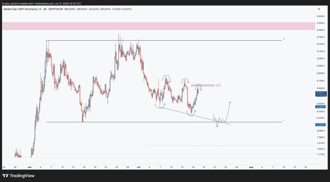 A TradingView 4-hour chart of CRYPTOCAP:USDT.D is shown, displaying price action between approximately 7.2% and 9.5%, with marked resistance levels near 8.45% and 8.35% and support around 8.15% and 7.9%, illustrating the downtrend structure referenced in the caption. Hand-drawn annotations highlight a potential third drive lower into the OTE pocket and reaction lows (RLs) before any further downside continuation.