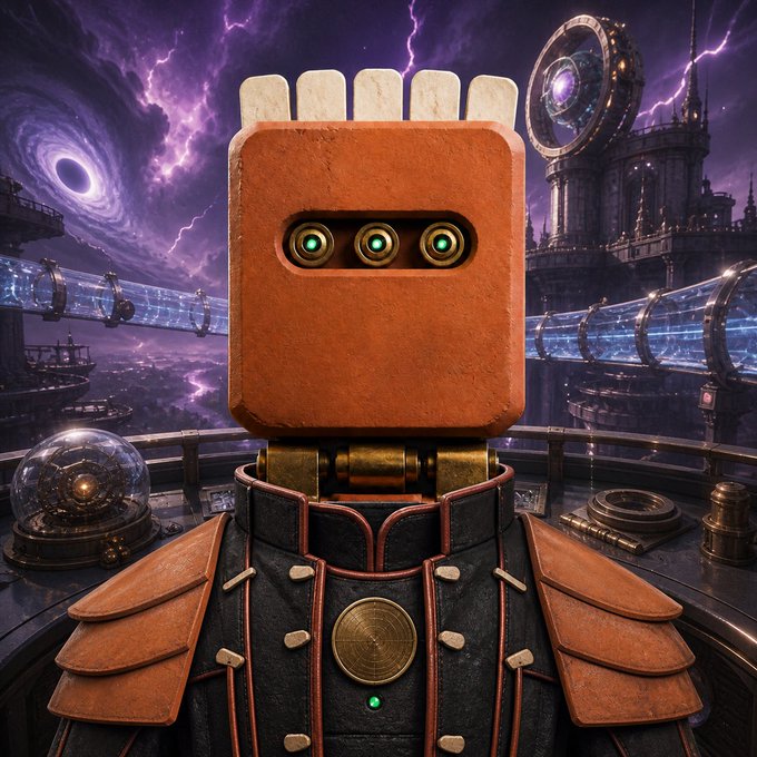 A digital artwork shows a boxy, orange-skinned robot character with three glowing green eyes, wearing leather armor, set against a dramatic purple sky with swirling portals and futuristic structures.