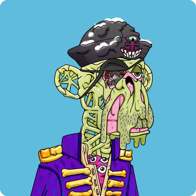A surreal cartoon illustration of a figure with a green slime-covered face, exposed skull, and pirate hat wearing a purple jacket, set against a light blue background.