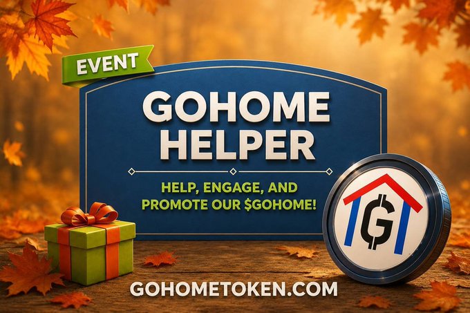 Fall-themed promotional graphic for a 'GO HOME HELPER' event with the tagline 'HELP, ENGAGE, AND PROMOTE OUR $GOHOME!' featuring autumn leaves, a gift box, the GohomeToken.com website, and a G logo coin.