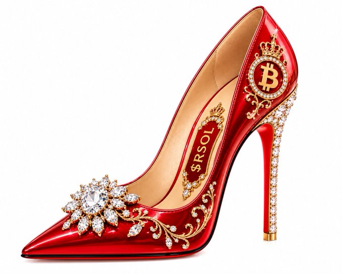 A decorative red high-heeled shoe adorned with diamonds and gold, featuring a Bitcoin logo with a crown and the text '$RSOL' on the inner sole.