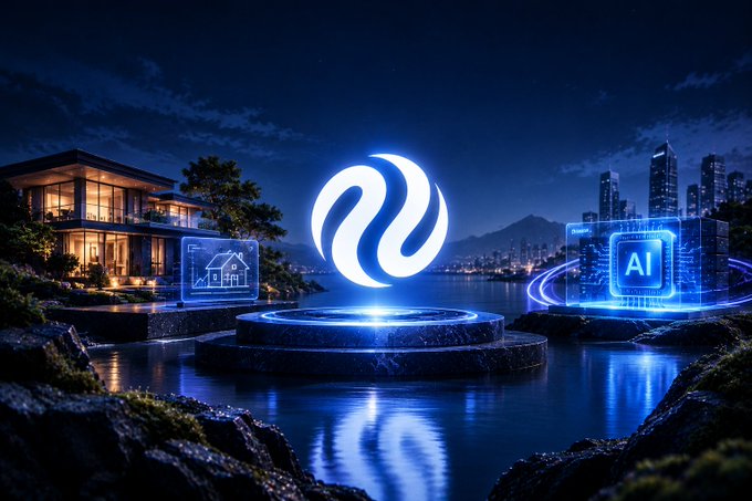 A futuristic waterfront rendering features a glowing white logo, a house icon, a blue “AI” panel, and a nighttime city skyline.