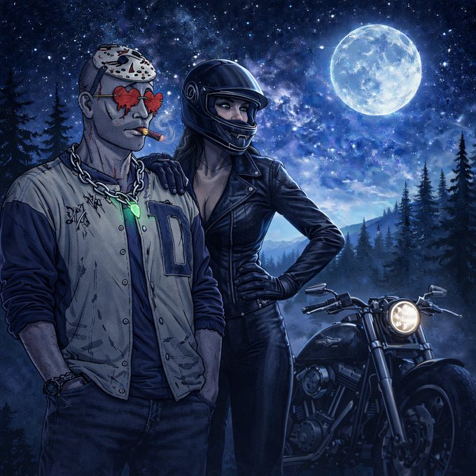 A stylized digital illustration of a man wearing a hockey mask with heart-shaped sunglasses and a chain necklace smoking a cigar, standing next to a woman in a motorcycle helmet and black leather outfit, with a motorcycle and full moon in a starry night background.