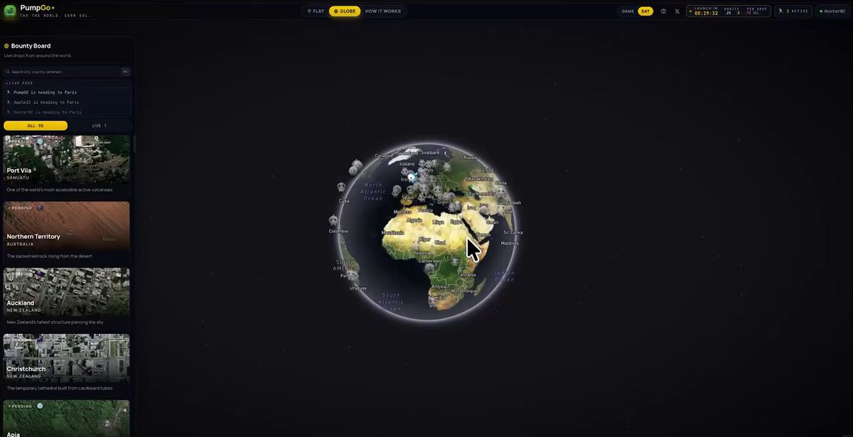 The image shows a graphic representation of Earth with continents labeled and countries represented as little pictures within circles. The entire scene is set against a black background, making the colors of the continents stand out prominently. In the middle of the circle representing Earth, there's a little dot which symbolizes a trading post called PumpGo. The text on the image mentions that this trading platform is live and currently has 95 creatures locked across the globe to begin trading at any moment. It also says that the top ten trades will start with $GO fees within a few minutes. 
The post provides information about the details of how the trading works, specifically that each 20 minutes, 90% of the trading fees are automatically invested into new orders. The order's outcome is described as a "drop in random order", indicating that it might not always be predictable or consistent in terms of the currency fluctuations and market trends.