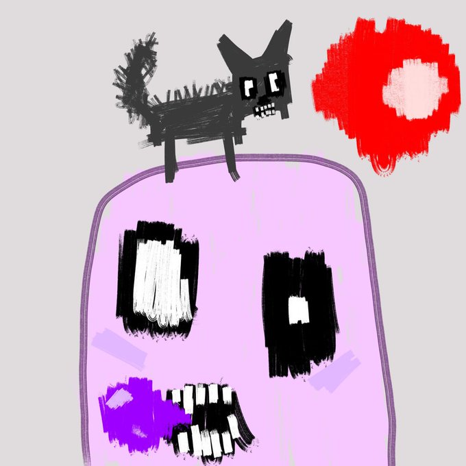 The image features a cartoon cat sitting atop a purple square with a red dot in the center of it. The cat appears to be looking at something off-camera, possibly an object or person that has caught its attention. The background of the image is white, which contrasts with the purple square and makes the cat stand out even more.