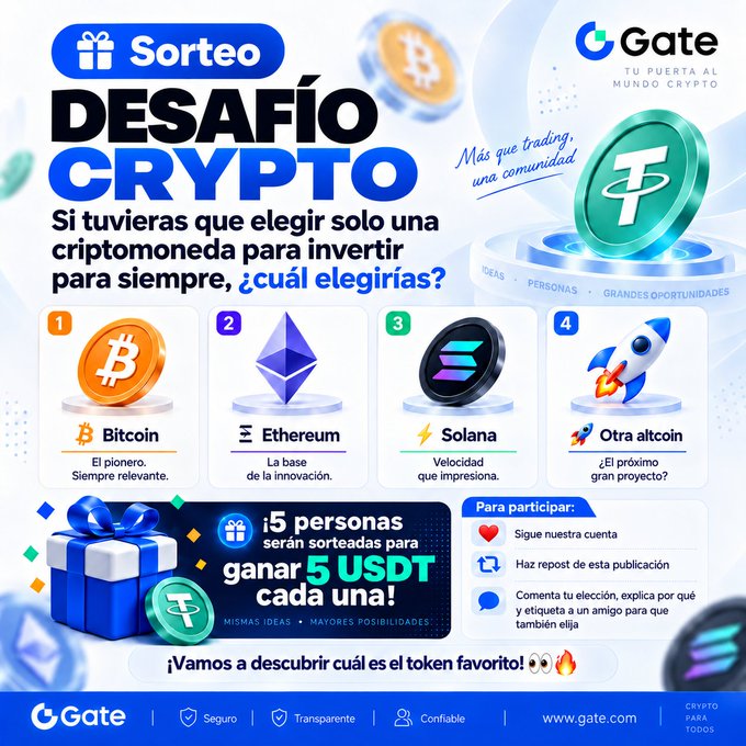 A Spanish-language promotional graphic for 'Gate' exchange titled 'DESAFÍO CRYPTO' featuring icons for Bitcoin, Ethereum, Solana, and an 'Otra altcoin', offering 5 USDT prizes.