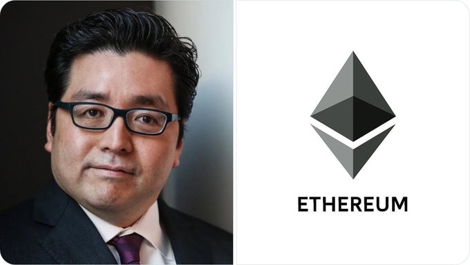 A man in glasses and a dark suit appears alongside the Ethereum (ETH) logo, visually reinforcing the news that Tom Lee's BitMine has acquired 42,197 ETH valued at $73 million.