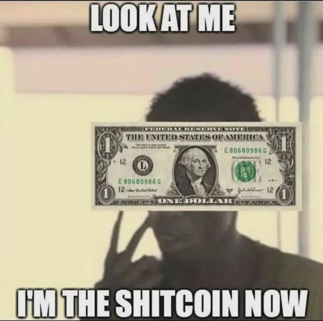 A meme showing a person with a one-dollar bill covering their face, with the text 'LOOK AT ME' at the top and 'I'M THE SHITCOIN NOW' at the bottom.