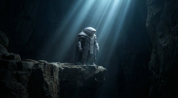 A lone hooded figure stands on a rocky ledge in a dark cavern, illuminated by a single beam of light shining down from above, symbolizing a bold, solitary vision cutting through the unknown depths. The image evokes the post's message of pioneering a groundbreaking protocol on Solana that redefines value creation and distribution, standing apart from traditional extraction-based models.
