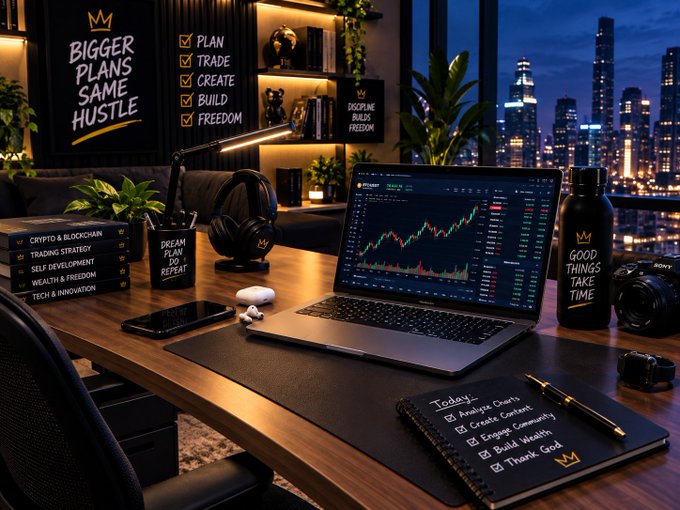A well-organized desk setup featuring a laptop showing stock charts, motivational posters reading 'BIGGER PLANS SAME HUSTLE' and 'GOOD THINGS TAKE TIME', headphones, a camera, and a city skyline view through a window.