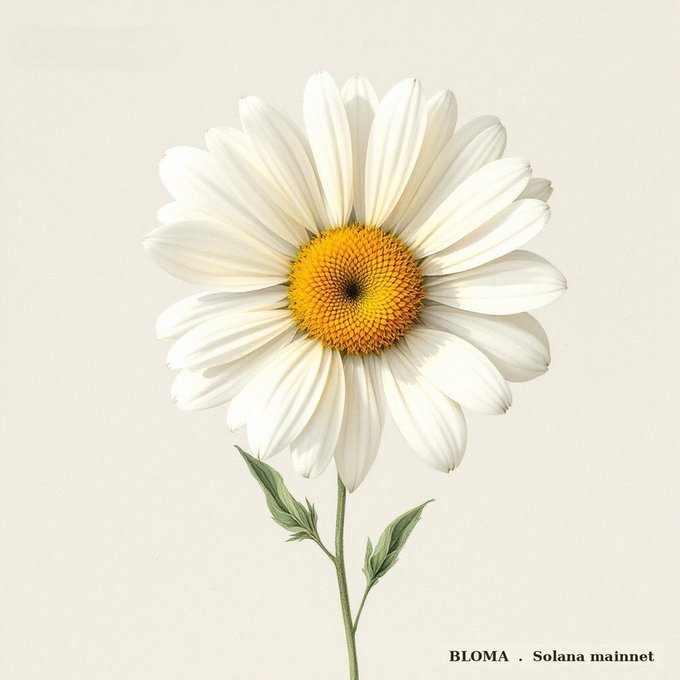 The image features a single white daisy flower with an orange center against a light beige background. The caption below the image reads "BLOMA - Solana mainnet".