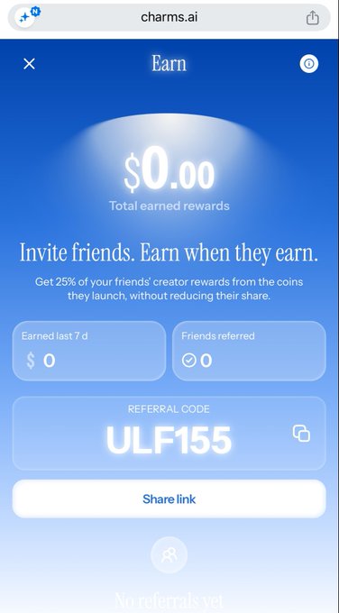 A screenshot of the Charms.ai "Earn" page shows a referral dashboard with $0.00 total earned rewards, 0 friends referred, and a referral code "ULF155" with a share link option, illustrating the platform's referral program highlighted in the post.