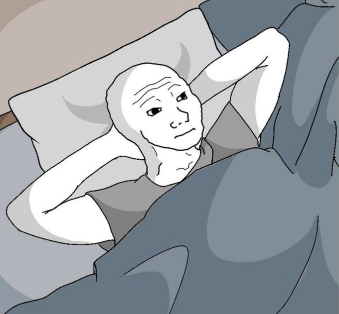 Simple cartoon drawing of a bald, melancholic-looking character lying in bed with their hands behind their head.