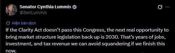 A tweet from Senator Cynthia Lummis (@SenLummis) stating, 'If the Clarity Act doesn't pass this Congress, the next real opportunity to bring market structure legislation back up is 2030. That's years of jobs, investment, and tax revenue we can avoid squandering if we finish this now.'