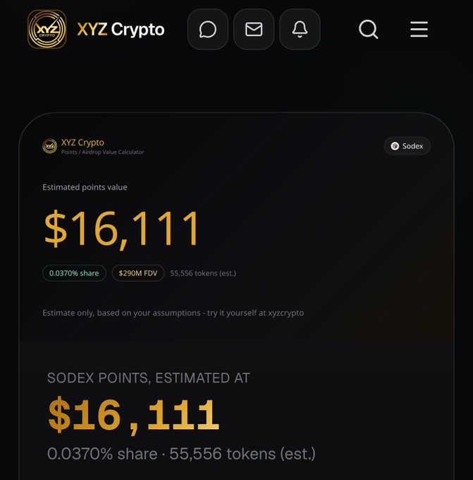 A dark-themed dashboard from XYZ Crypto displaying a "Points + Airdrop Value Calculator" for the Sodex airdrop, showing an estimated points value of $16,111 with a 0.0370% share, 55,556 tokens, and a $290M FDV—matching the post's call to action to check Sodex Season 1 points value on xyzcrypto.io.