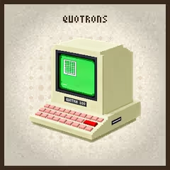 Pixel art style illustration of a vintage beige desktop computer with a green CRT monitor and pink keyboard. The word 'QUOTRONS' is displayed in pixelated text at the top of the image.