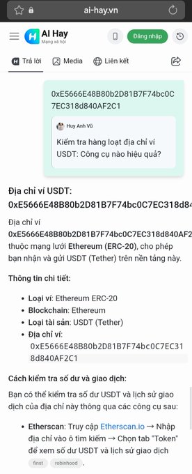 A mobile screenshot of the ai-hay.vn website showing information about a USDT (Tether) Ethereum ERC-20 address '0xE5666E48B80b2D81B7F74bc0C7EC318d840AF2C1' and a Vietnamese post asking 'Kiểm tra hàng loạt địa chỉ ví USDT: Công cụ nào hiệu quả?'