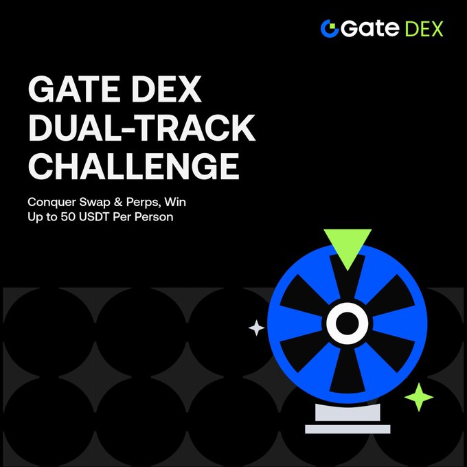 Gate DEX Dual-Track Challenge promotional graphic featuring the slogan "Conquer Swap & Perps, Win Up to 50 USDT Per Person," with a blue spinning wheel and green arrow graphic illustrating the reward-based trading campaign.