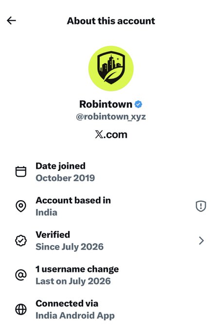 The image shows an "About this account" screen for @robintown.xyz on X.com, displaying a verified account based in India, joined in October 2019. The caption supports the post's message by providing visual evidence that the account is verified and legitimately based in India, countering the assumption that Indian-based accounts are scams.