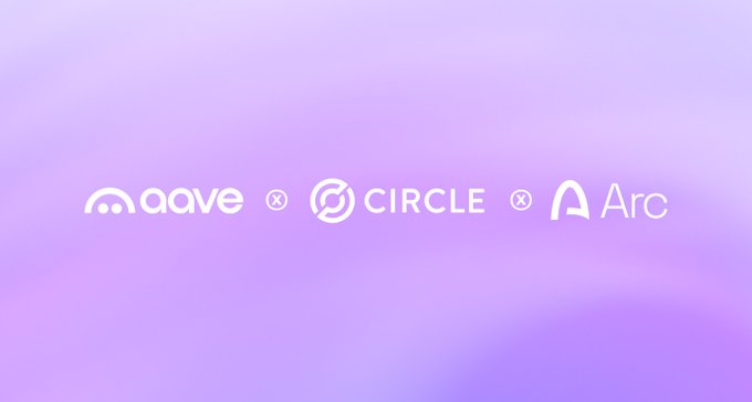 The image features a purple background with white text that reads "circle x arc". The text also includes logos for Circle, Arc, and Aave. The text seems to be related to cryptocurrency or financial services, possibly discussing Circle's relationship with Arc or Aave.