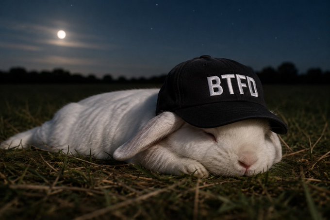 A white rabbit sleeping on grass at night under a moonlit sky, wearing a black baseball cap with the letters "BTFD" embroidered in white.