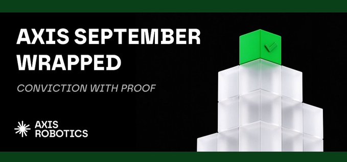 A promotional banner for 'AXIS SEPTEMBER WRAPPED' by Axis Robotics, featuring a 3D structure made of clear blocks topped with a green checkmark cube under the tagline 'CONVICTION WITH PROOF'.