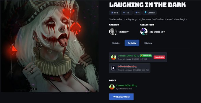 An NFT listing page titled 'LAUGHING IN THE DARK' featuring artwork of a creepy clown-like figure, with offers visible including a 'Current Offer: 50 ts' from nithivao and an 'Offer Made: 20 ts' from MrGoldLord.
