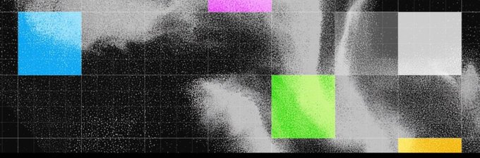 An abstract digital composition featuring a grayscale textured background with scattered pixelated colored squares in blue, magenta, white, green, and yellow.