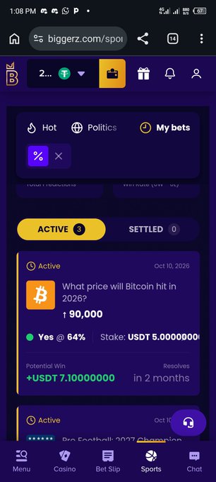 A screenshot of the biggerz.com sports betting website showing an active bet on whether Bitcoin will hit 90,000 in 2026, with a potential win of +USDT 7,100,000.