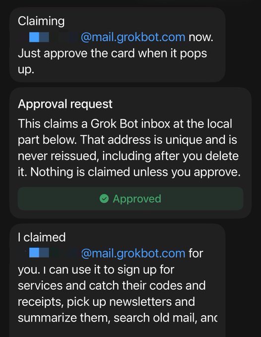 A series of dark-themed mobile notifications showing a process of claiming an inbox, receiving an approval request that has been marked as 'Approved', and a confirmation message of the claimed inbox.
